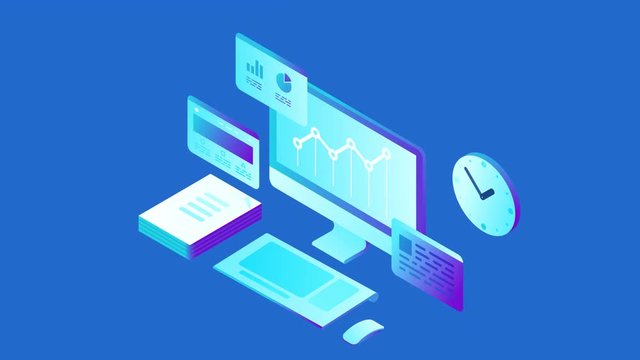 Computer Monitor Keyboard Mouse  Stack of Papers Clock Isometric Flat video with alpha. Business Finance Analytics 3d seamless looping animated concept.
