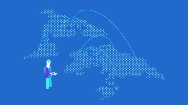 E-commerce Global Payment isometric flat seamless looping animated concept. Businessman  tap pay button on tablet to make payment with world map on background video with alpha.
