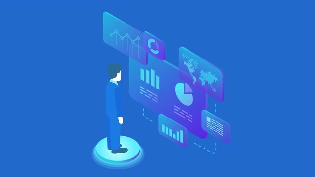 Man Business Analyse Data Market in Virtual space isometric flat video with alpha. Fintech Finance Charts Diagrams businessman seamless looping animated concept.

