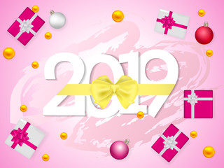 Yellow bow knotted on a 2019 date. Vector illustration