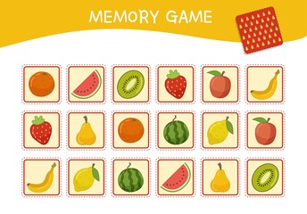 Memory game for preschool children, vector cards with  cartoon fruits. Find two identical picture. Kids activity page for book. 