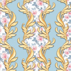 Seamless golden baroque pattern with watercolor roses
