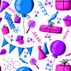 Seamless pattern with cartoon birthday party elements in pink purple and blue colors on white background