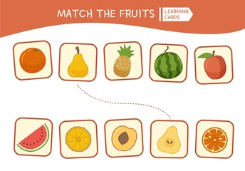 Matching children educational game. Match parts of cartoon fruits. Activity for pre shool years kids and toddlers.