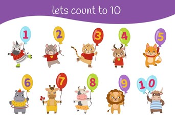 Kids learning material. Card for learning numbers. Number 1-10. Cartoon cute animals.
