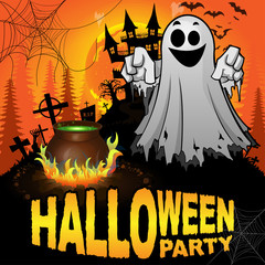 Halloween Party Poster with ghost. Vector illustration.