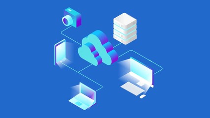 Isometric Flat Cloud computing Network video. Online Storage seamless looping animated concept.
