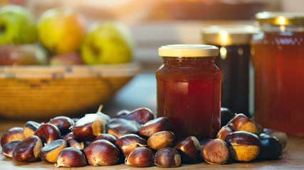 Chestnut honey near chestnuts freshly picked in the woods