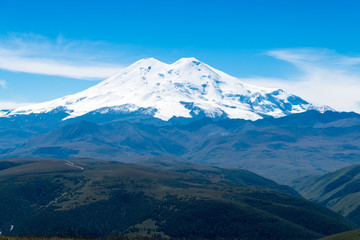 Beautifull landscape view of the mount Elbrus - the highest mountain in Europe. Caucasus mountains at autumn season time.