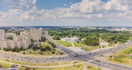 Aerial view of Stela obelisk Hero city Minsk and Belarusian Great Patriotic War Museum
