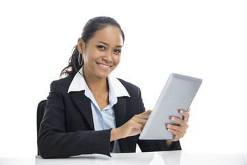 young business woman working on her pc tablet