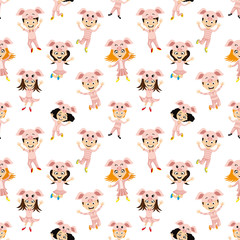Seamless pattern with cheerful kids in piglet costumes on a white background.