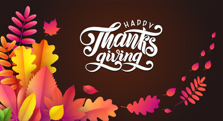 Vector Hand drawn Happy Thanksgiving, fallen leaves frame on black background. Festive style autumn calligraphy.