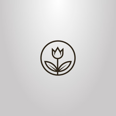 black and white simple vector line art tulip sign with leaves in a round frame