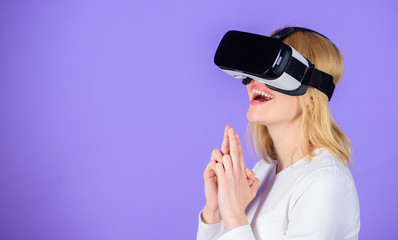 Girl killer technology vr headset play shooter game. Lady with weapon gesture. Enthralling interaction virtual reality. Woman head mounted display violet background. Virtual reality shooting gallery