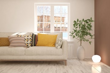 Idea of white minimalist room with colorful furniture. Scandinavian interior design. 3D illustration