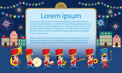 A marching cute brass band with various kind of instruments. With night time street scene. Texts are dummy text.