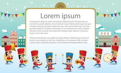 A marching cute brass band with various kind of instruments. With snowing day time street scene. Texts are dummy text.