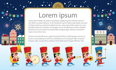 A marching cute brass band with various kind of instruments. With snowing night time street scene. Texts are dummy text.