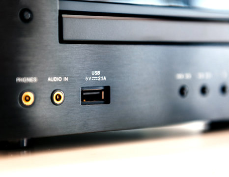 USB universal serial bus entrance on the front part of a music amplifier