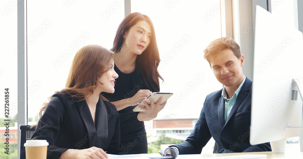 Poster businessmen and group using notebook for partners discussing documents and ideas in meeting and busi