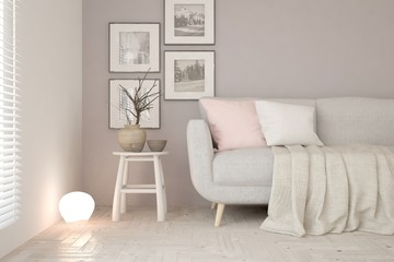 Mock up of white modern room with sofa. Scandinavian interior design. 3D illustration