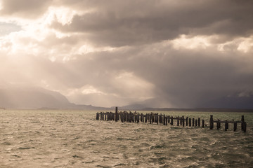 King Cormorant colony, Old Dock, Puerto Natales, Antarctic Patagonia, Chile. Sunset