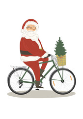 Santa on bike. Cycling Santa Clause on white background. Vector illustration.