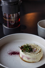 dessert on a plate on a table in a restaurant