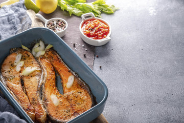 baked salmon steak, copy space