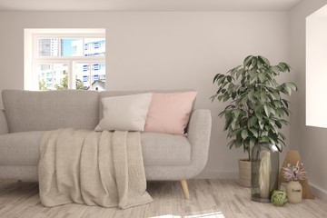 Idea of white minimalist room with sofa. Scandinavian interior design. 3D illustration