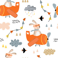 Seamless pattern with rabbits in airplanes