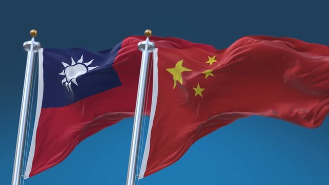 4k Seamless Taiwan and China Flags with blue sky background,A fully digital rendering,The animation loops at 20 seconds,TWN CN.