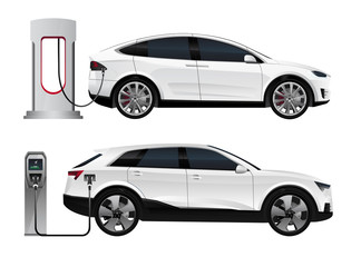 Set of electric SUV with charging stations. Vector illustration EPS 10