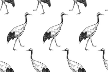 Birds Japanese cranes. Seamless pattern. Black and white.