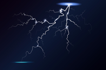 Lightning and thunder bolt, glow and sparkle effect, vector art and illustration. lightning or electricity blast storm.
