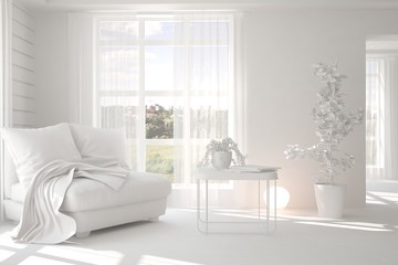 White room with armchair and green landscape in window. Scandinavian interior design. 3D illustration