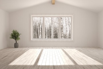 White empty room with winter landscape in window. Scandinavian interior design. 3D illustration