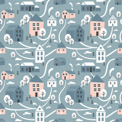 Fototapeta na wymiar Northern town. Seamless pattern for winter, New Year and Christmas theme. Creative. Hand drawn Christmas background. Vector Illustration