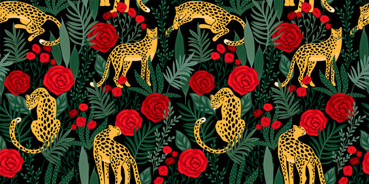 Vestor seamless pattern with leopards, tropical leaves and roses.