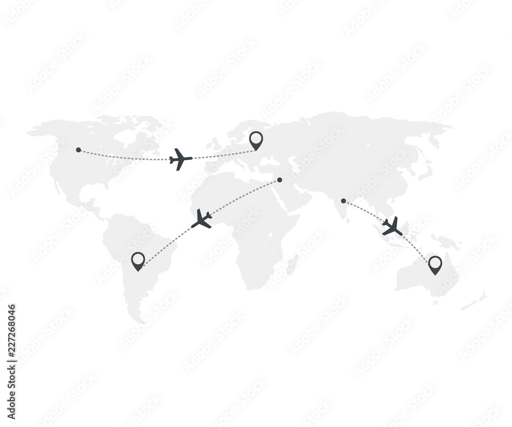 Aufkleber airplane line path vector icons of air plane flight routes with start points and dash line traces. a