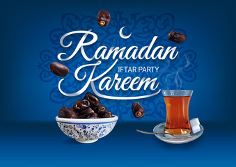 Ramadan Kareem - paper hand lettering calligraphy of Iftar Party. Horizontal banner of realistic illustration with tea and dates.