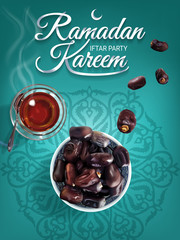 Ramadan Kareem - paper hand lettering calligraphy of Iftar Party. Vertical banner of realistic illustration with tea and dates.
