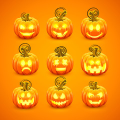 Pumpkin with carved face on a orange background. Vector illustration