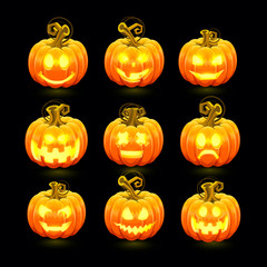 Pumpkin with carved face on a black background. Vector illustration