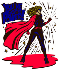 Pop art comic book style powerful female superheroine standing with clenched fist female superhero vector illustration