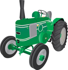 A detailed illustration of a Vintage Green four wheeled Farm Tractor isolated on white