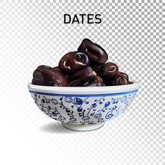 Vector realistic illustration of dried dates in bowl.