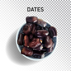 Vector realistic illustration of dried dates in bowl.