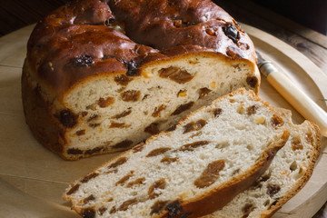 Barmbrack or bairin breac a traditional Irish fruit loaf made with sultanas and raisins often eaten buttered for afternoon tea and traditionally served at Halloween